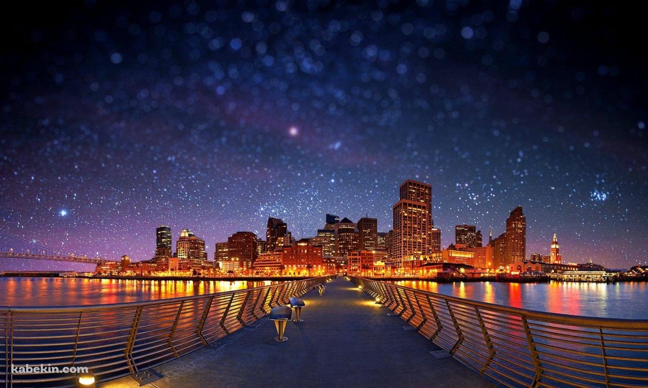 夜の都市につながる橋 / 星空 / 絶景の壁紙(1280px x 768px) 高画質 PC・デスクトップ用