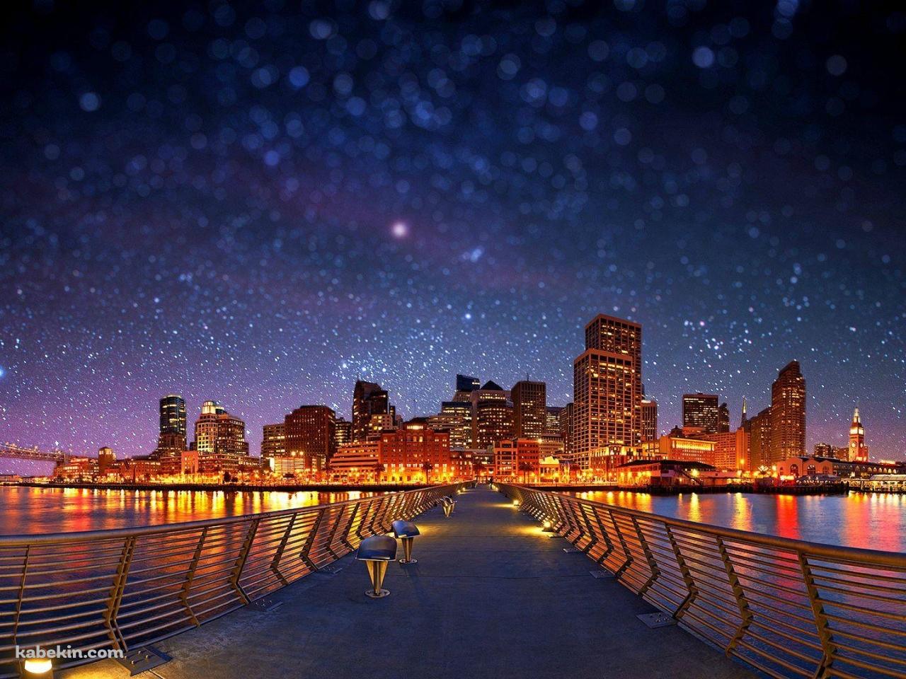 夜の都市につながる橋 / 星空 / 絶景の壁紙(1280px x 960px) 高画質 PC・デスクトップ用