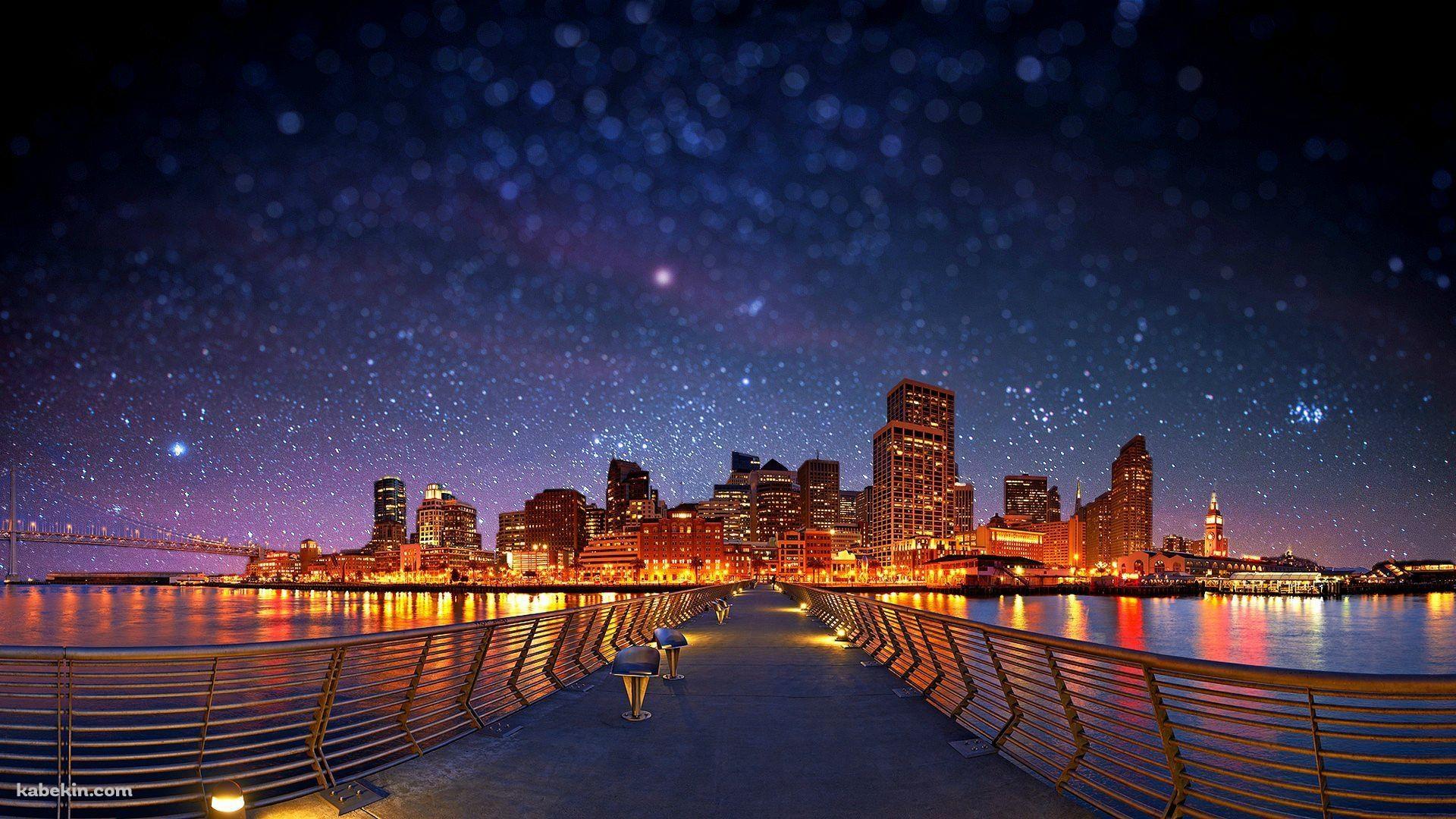 夜の都市につながる橋 / 星空 / 絶景の壁紙(1920px x 1080px) 高画質 PC・デスクトップ用