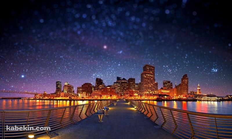 夜の都市につながる橋 / 星空 / 絶景の壁紙(800px x 480px) 高画質 PC・デスクトップ用