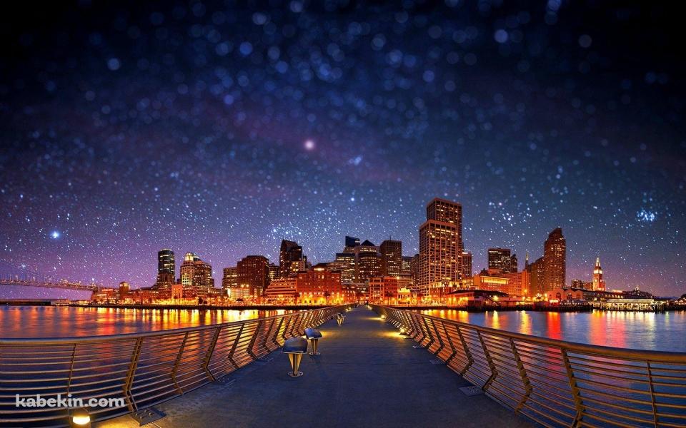 夜の都市につながる橋 / 星空 / 絶景の壁紙(960px x 600px) 高画質 PC・デスクトップ用