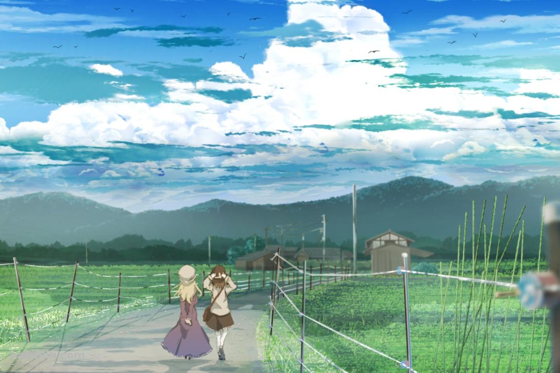 並んで歩く宇佐見蓮子とマエリベリー・ハーンの後ろ姿 / 田舎 / 東方の壁紙(1152px x 768px) 高画質 PC・デスクトップ用