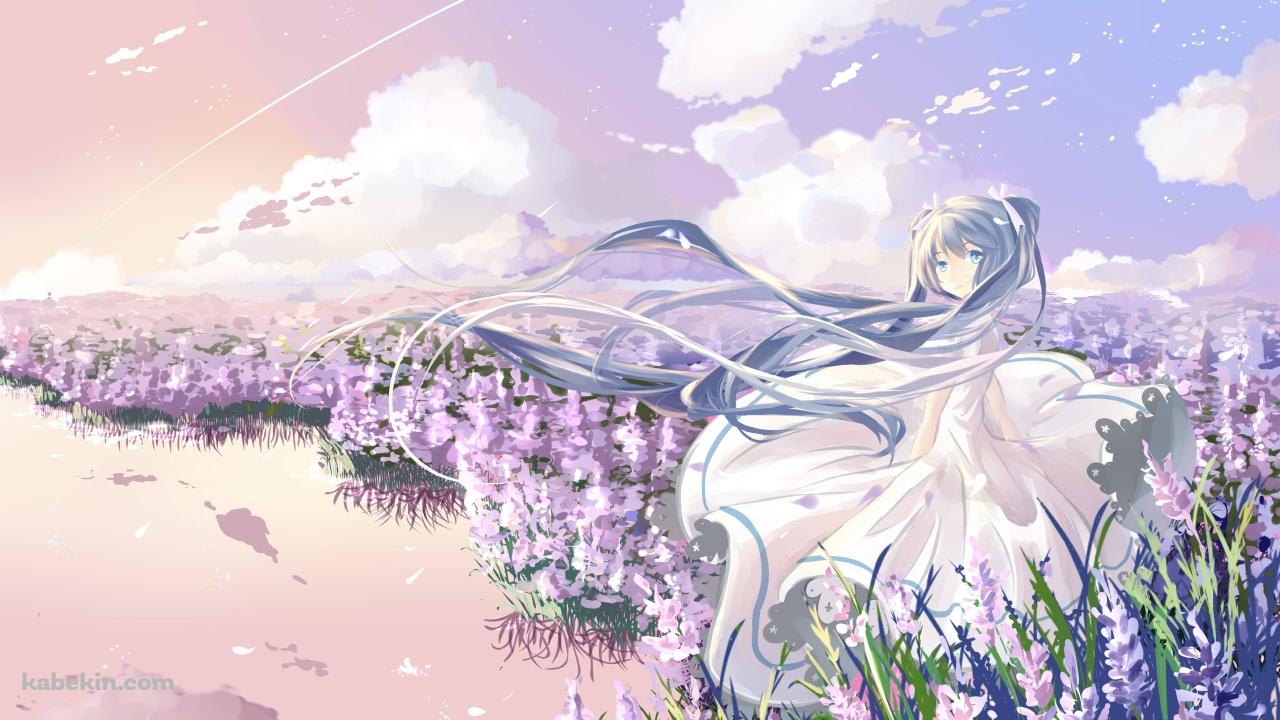 湖のほとりに咲くラベンダーの花と初音ミク / ボーカロイドの壁紙(1280px x 720px) 高画質 PC・デスクトップ用