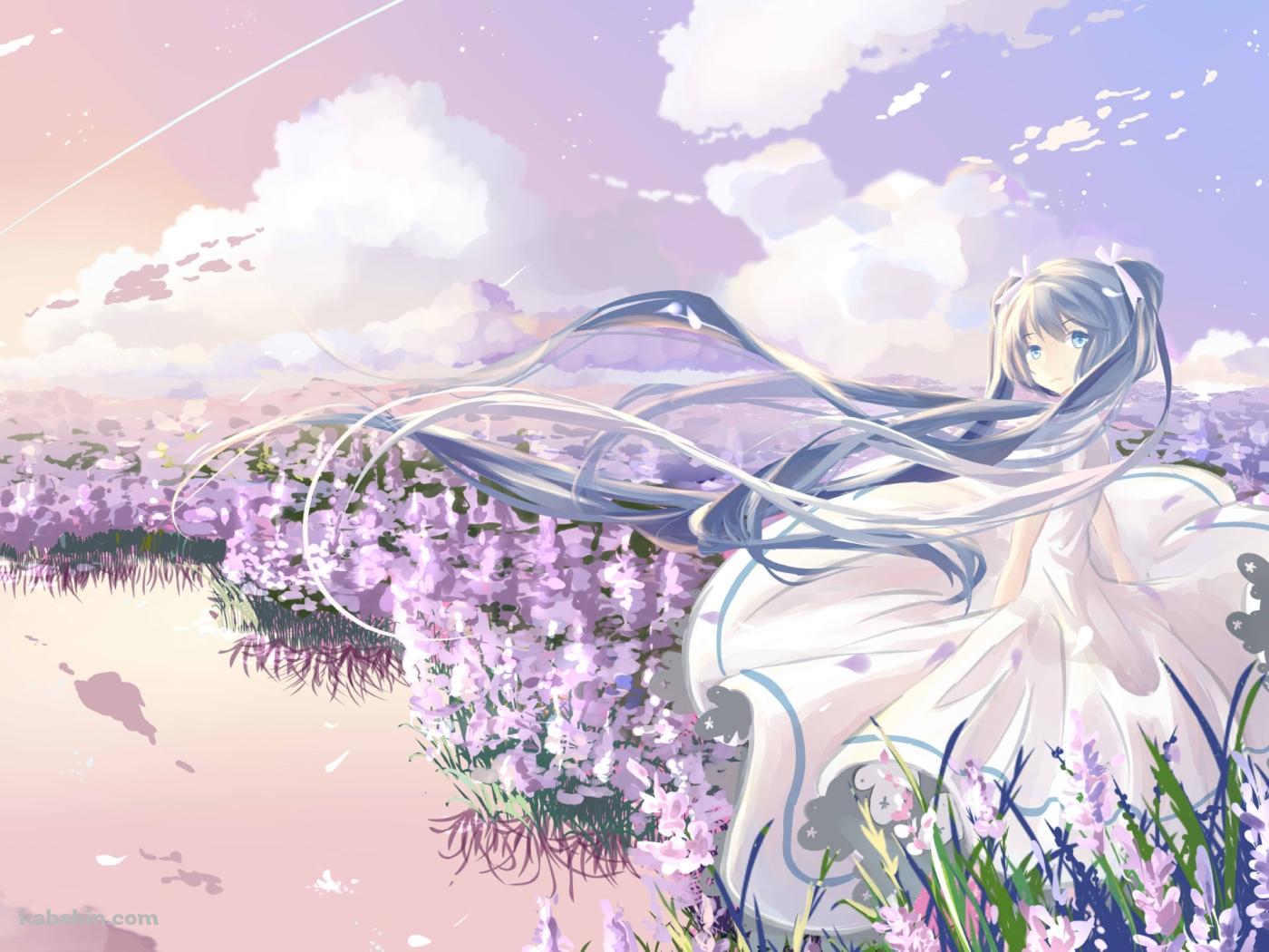 湖のほとりに咲くラベンダーの花と初音ミク / ボーカロイドの壁紙(1400px x 1050px) 高画質 PC・デスクトップ用