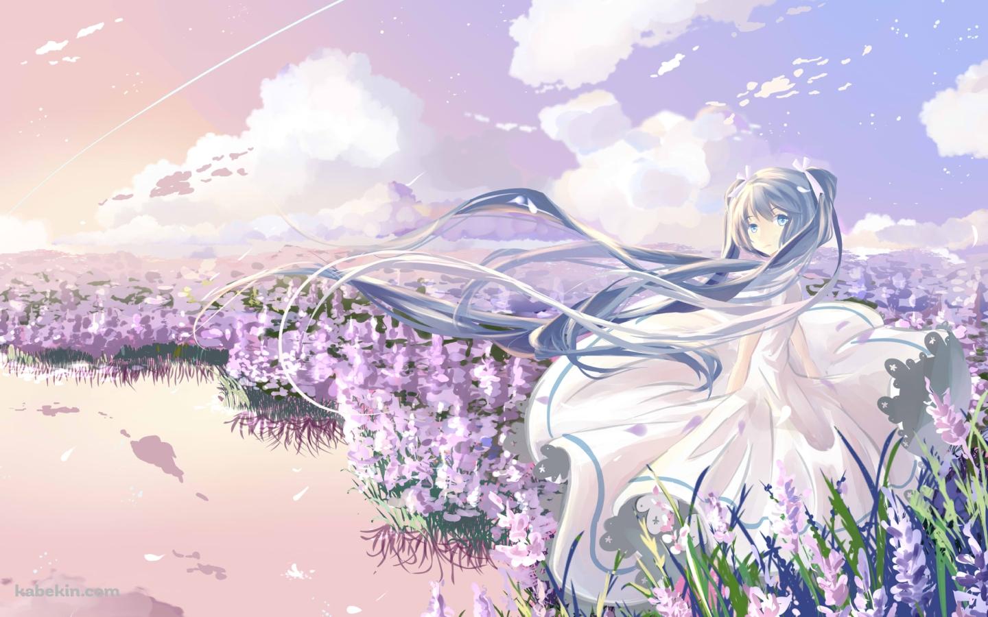 湖のほとりに咲くラベンダーの花と初音ミク / ボーカロイドの壁紙(1440px x 900px) 高画質 PC・デスクトップ用