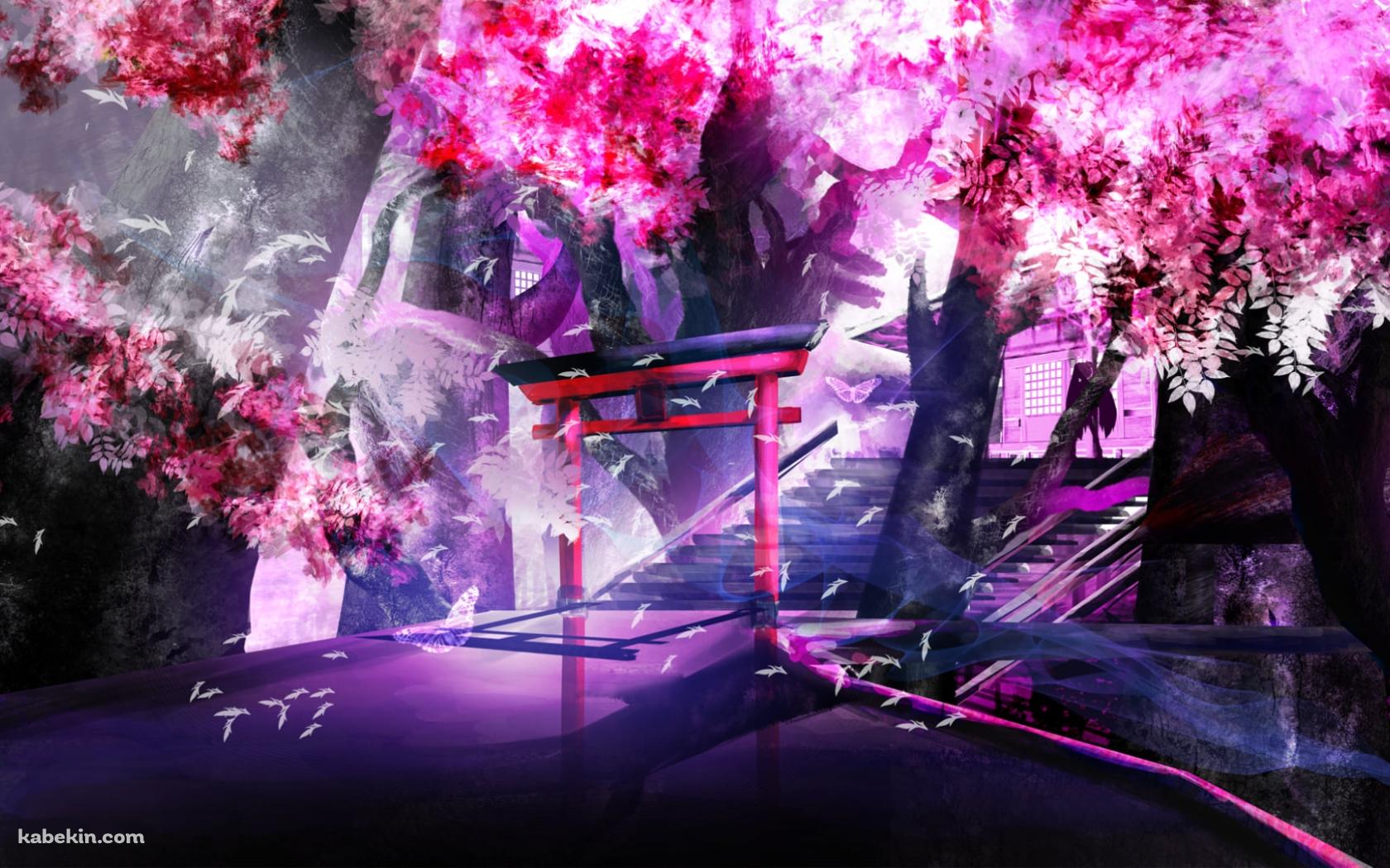 ピンクの桜と赤い鳥居と初音ミク / シルエット / 境内 / 幻想的 / ボカロの壁紙(1680px x 1050px) 高画質 PC・デスクトップ用