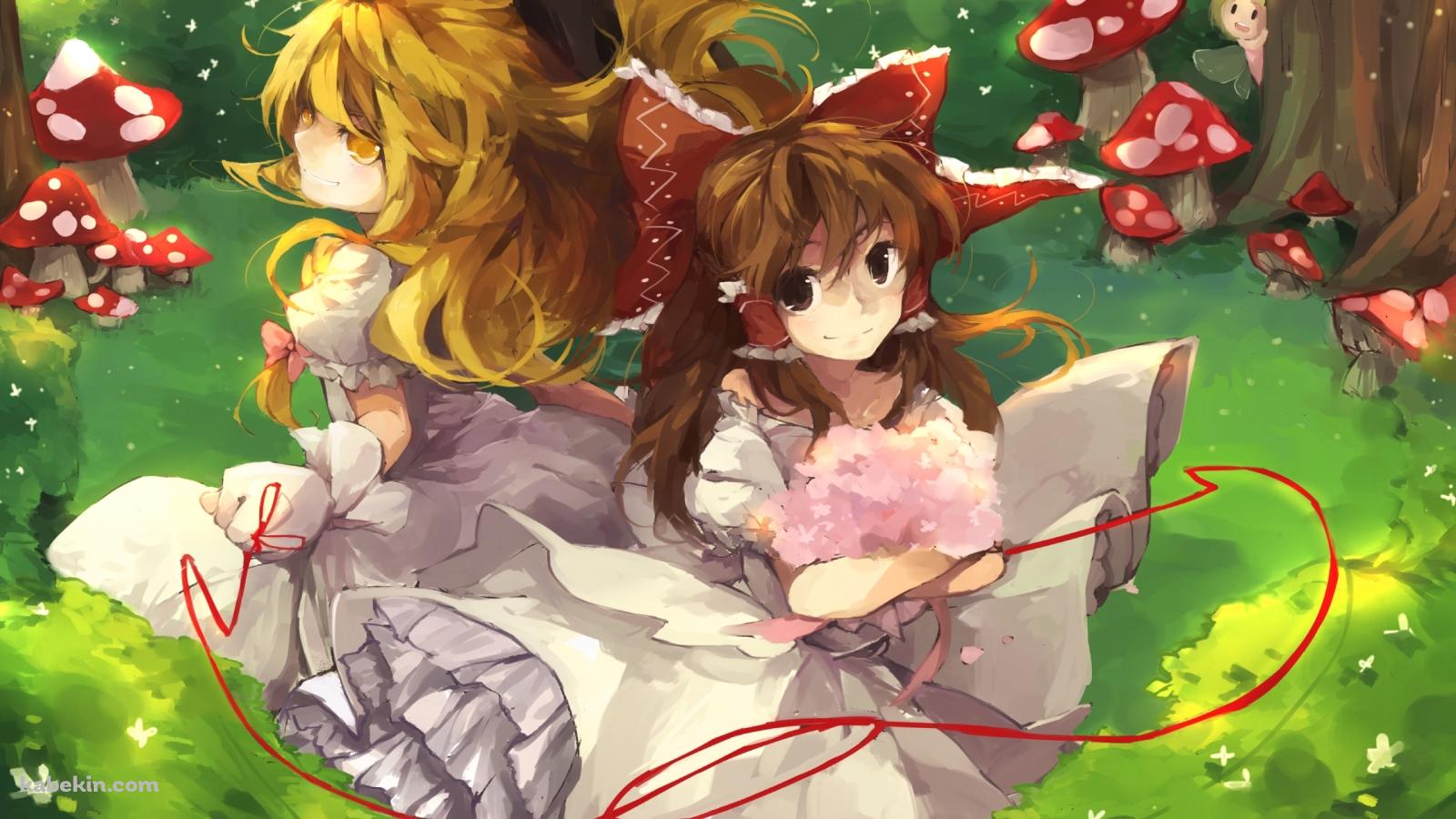 草原で背中合わせに座る博麗霊夢と霧雨魔理沙 / 東方の壁紙(1600px x 900px) 高画質 PC・デスクトップ用