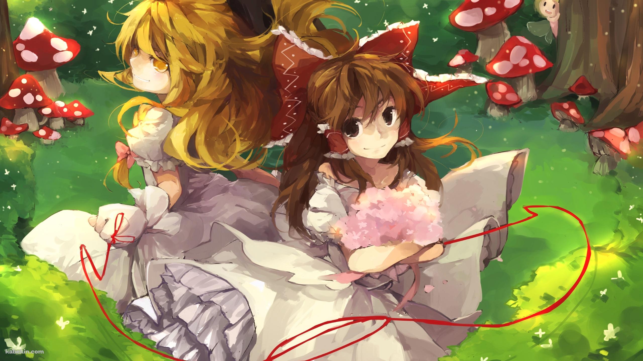 草原で背中合わせに座る博麗霊夢と霧雨魔理沙 / 東方の壁紙(2560px x 1440px) 高画質 PC・デスクトップ用