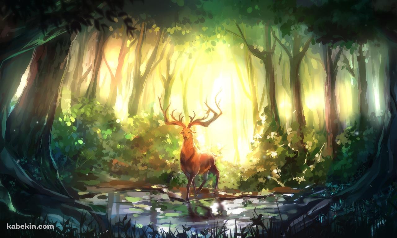 森の中 / 角が立派な雄鹿 / 油絵の壁紙(1280px x 768px) 高画質 PC・デスクトップ用