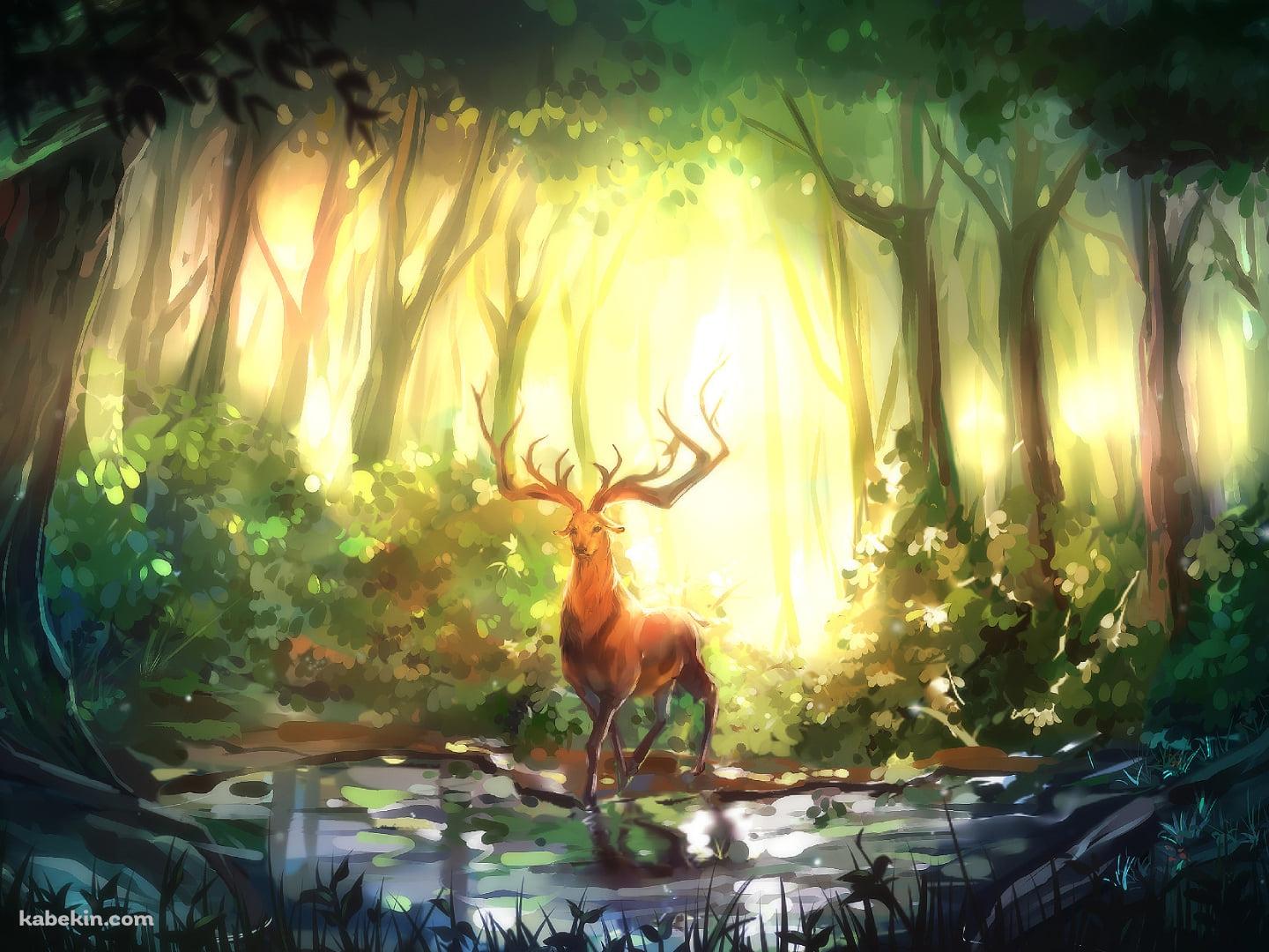 森の中 / 角が立派な雄鹿 / 油絵の壁紙(1440px x 1080px) 高画質 PC・デスクトップ用