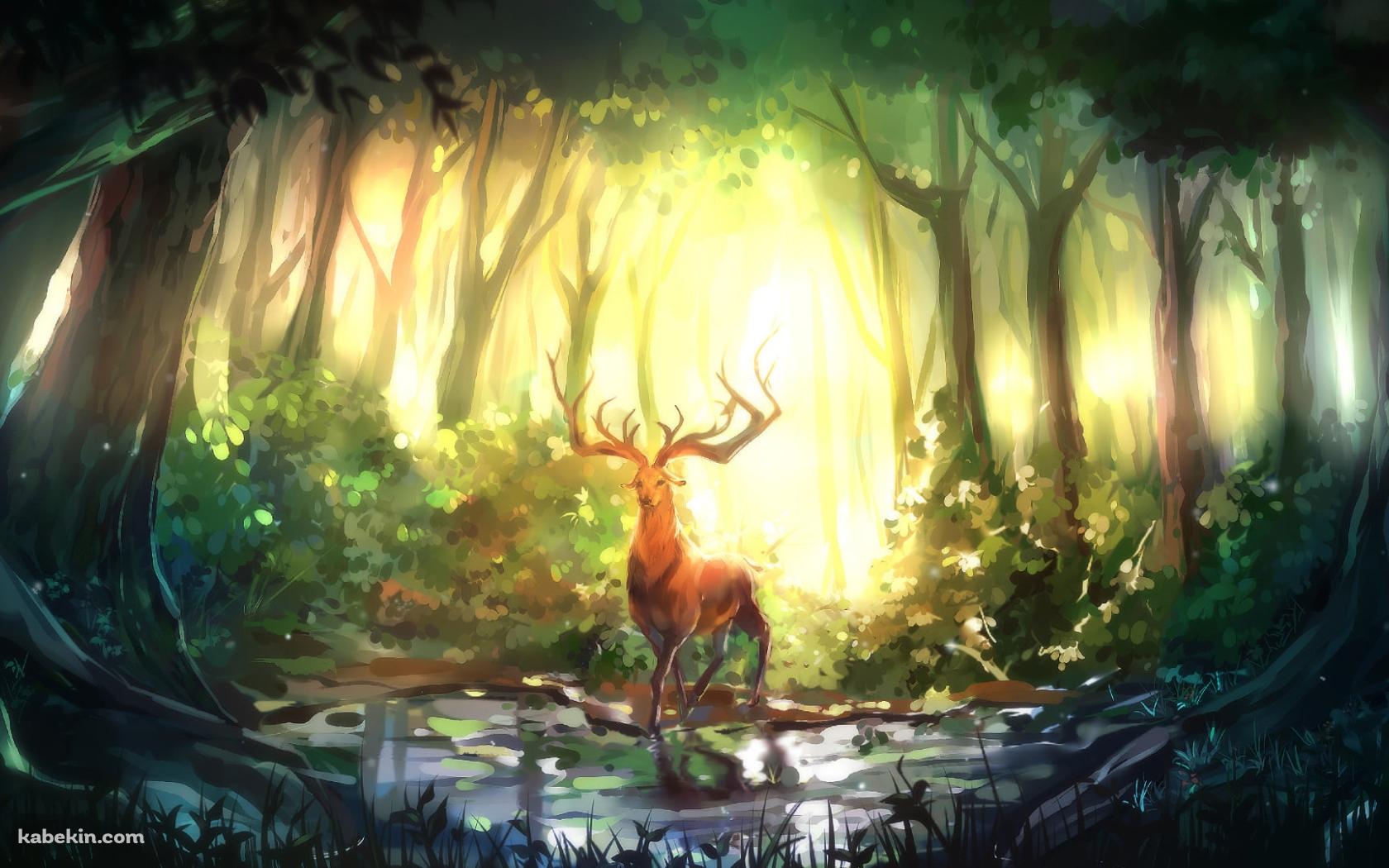 森の中 / 角が立派な雄鹿 / 油絵の壁紙(1680px x 1050px) 高画質 PC・デスクトップ用