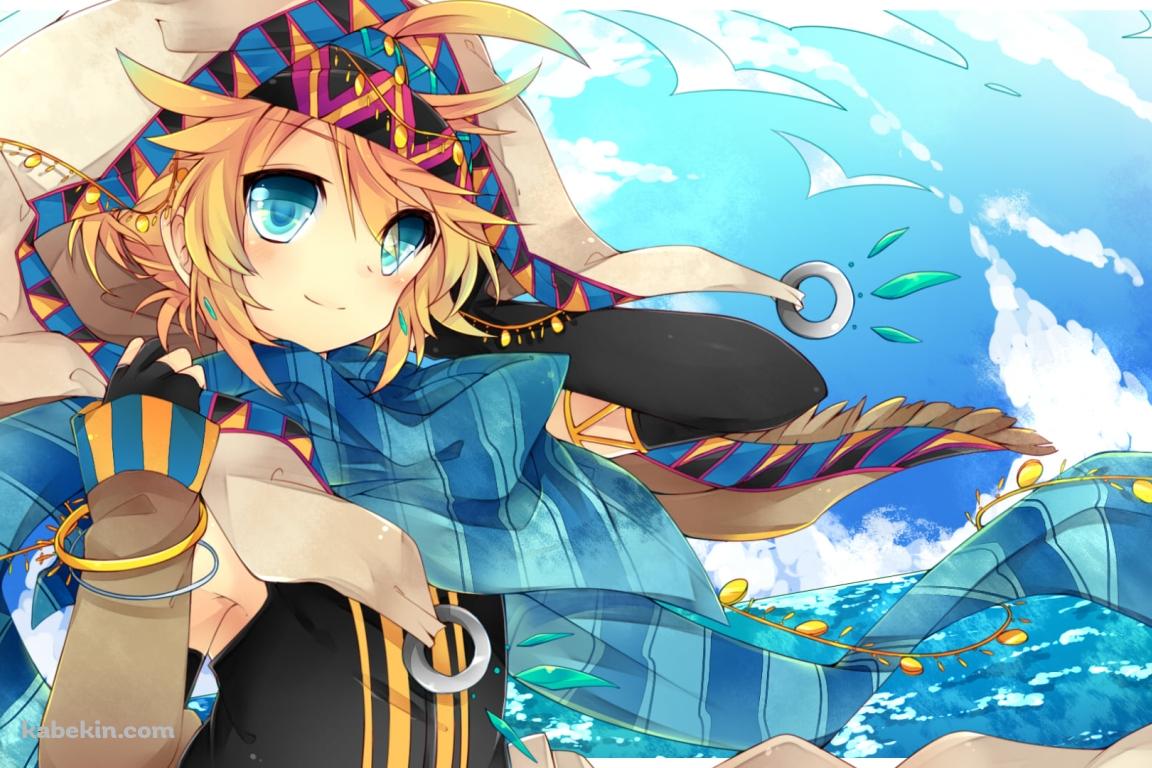 青いボーダーのマフラーを巻いた可愛い鏡音レン / ボカロの壁紙(1152px x 768px) 高画質 PC・デスクトップ用