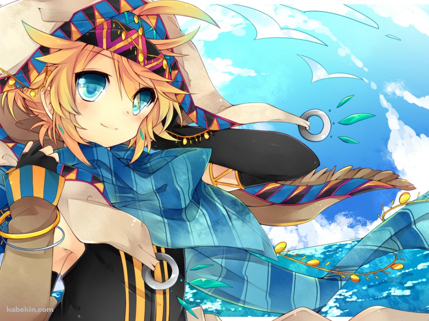 青いボーダーのマフラーを巻いた可愛い鏡音レン / ボカロの壁紙(1400px x 1050px) 高画質 PC・デスクトップ用