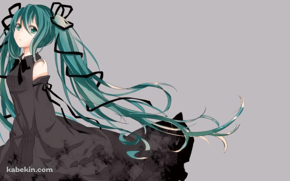 こちらを見つめる黒いドレスを着た初音ミク / ボーカロイドの壁紙(960px x 600px) 高画質 PC・デスクトップ用