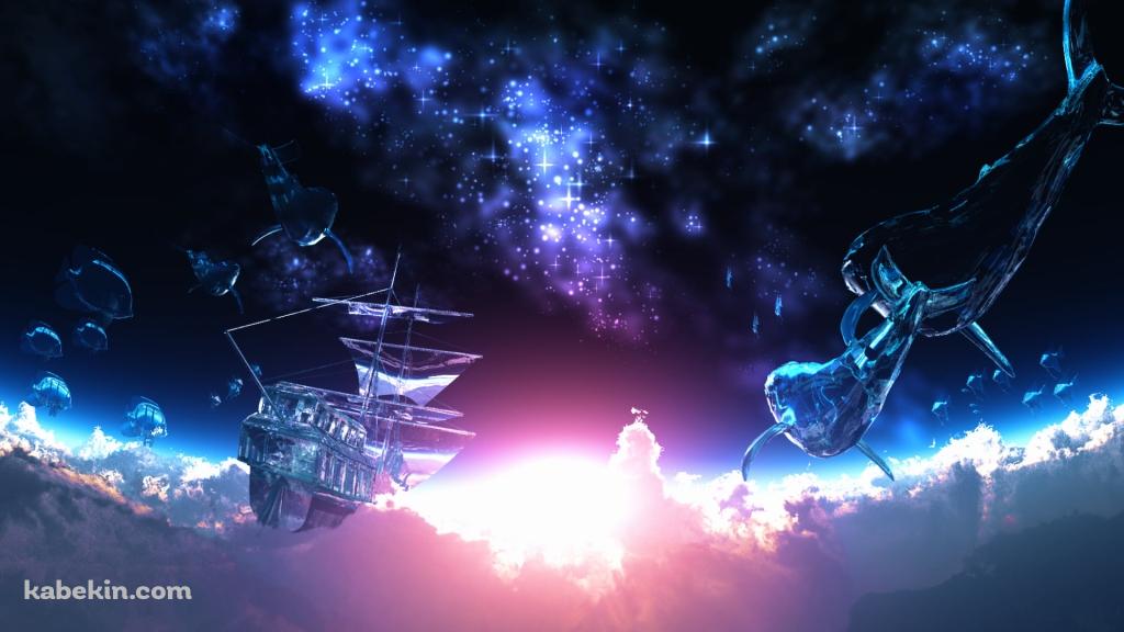 空飛ぶ船と鯨の壁紙(1024px x 576px) 高画質 PC・デスクトップ用