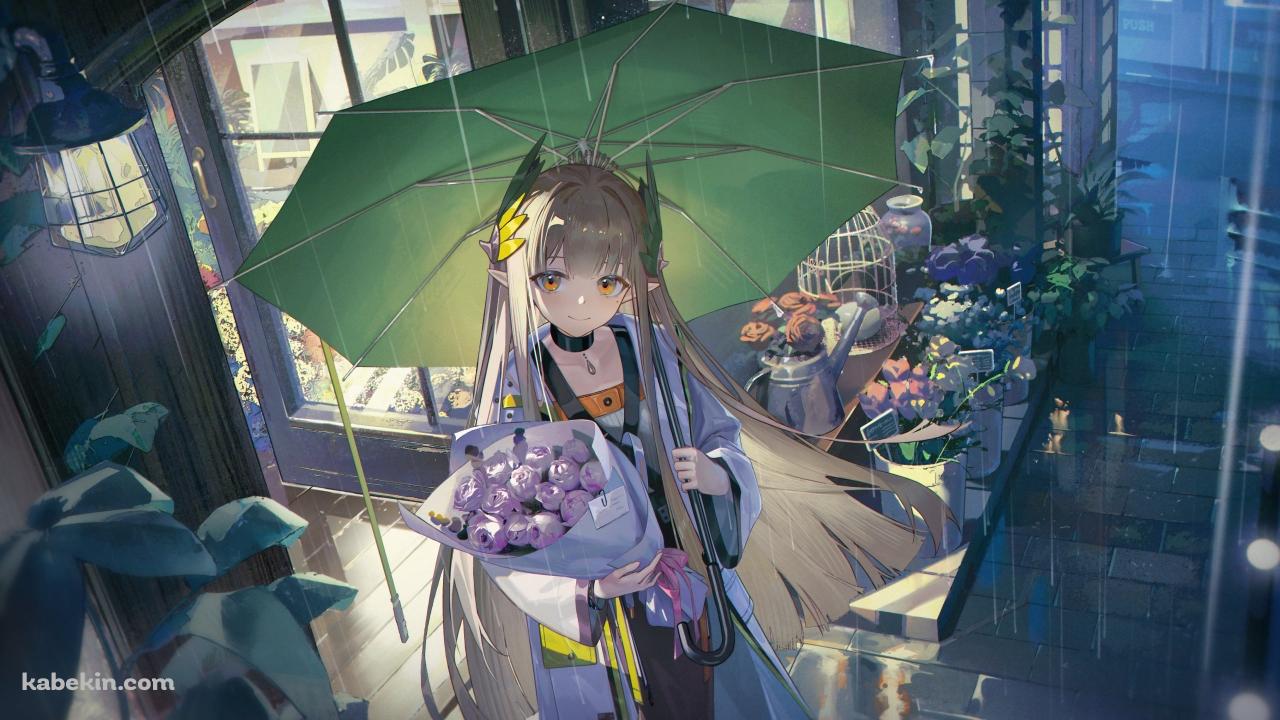 薔薇の花束を持ち緑の傘をさすミュルジス / アークナイツの壁紙(1280px x 720px) 高画質 PC・デスクトップ用