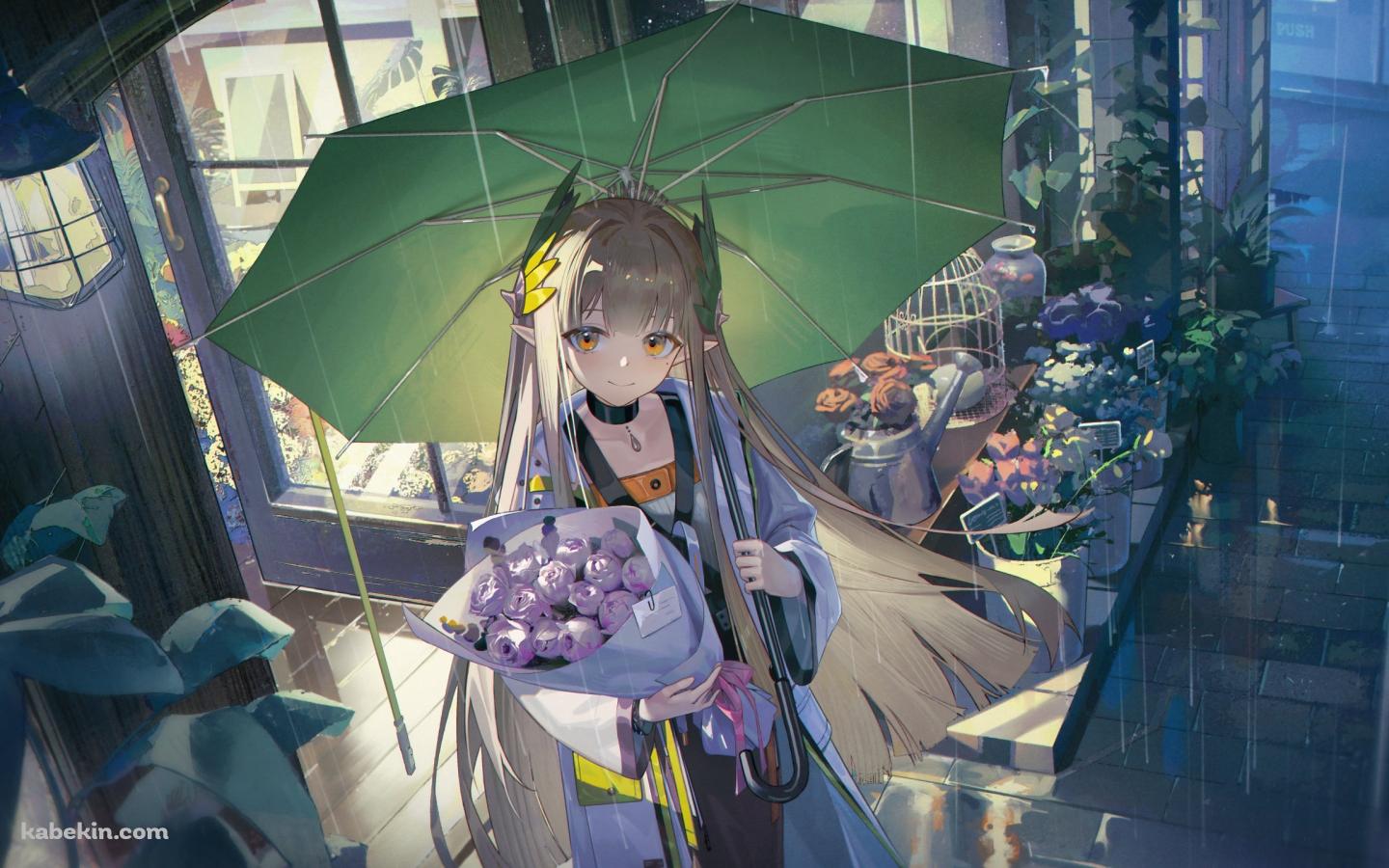 薔薇の花束を持ち緑の傘をさすミュルジス / アークナイツの壁紙(1440px x 900px) 高画質 PC・デスクトップ用