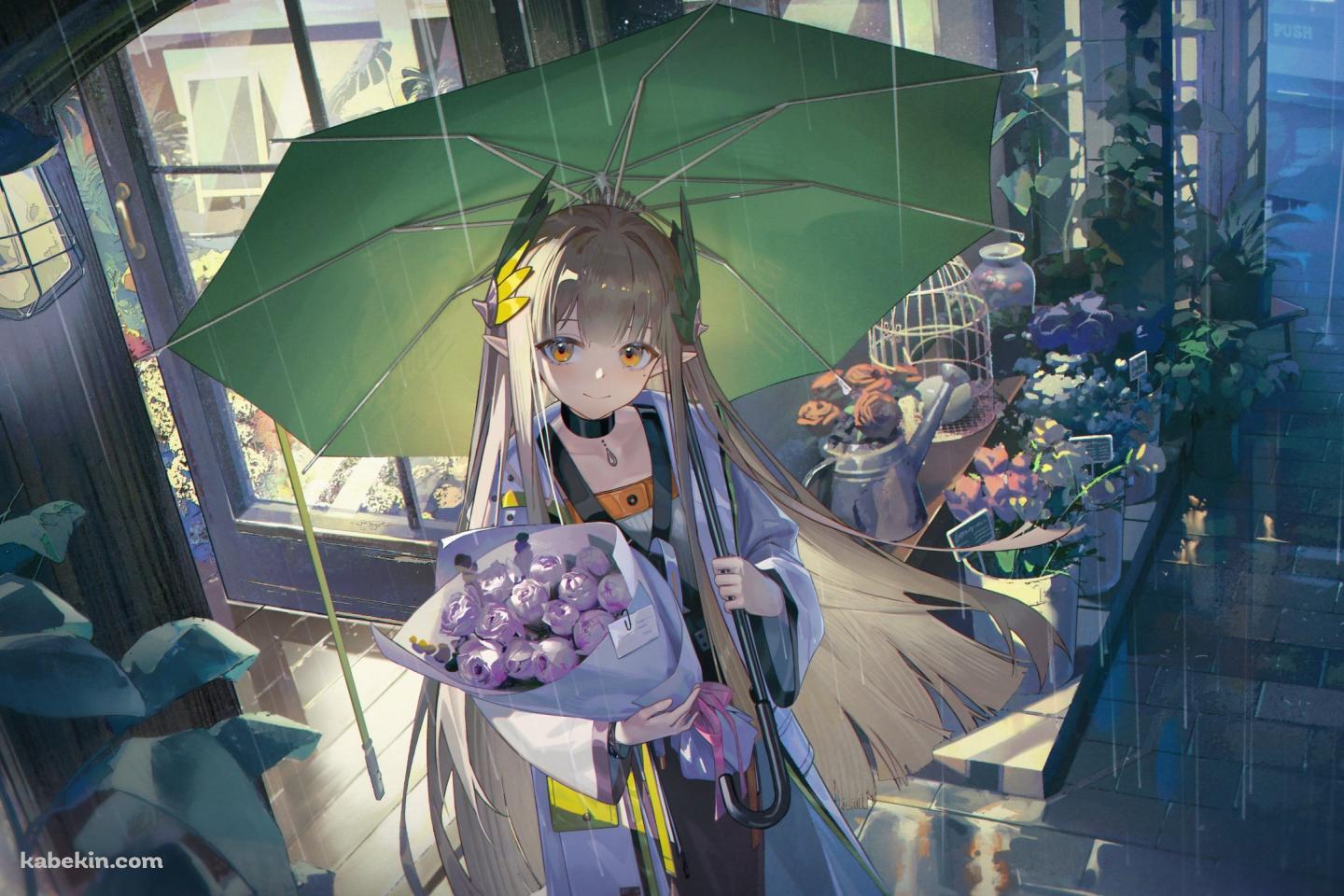 薔薇の花束を持ち緑の傘をさすミュルジス / アークナイツの壁紙(1440px x 960px) 高画質 PC・デスクトップ用