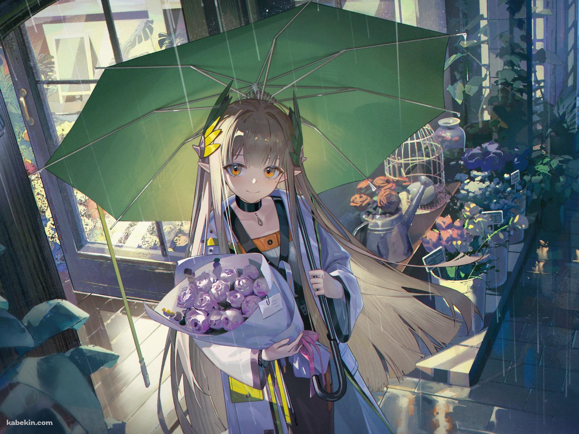 薔薇の花束を持ち緑の傘をさすミュルジス / アークナイツの壁紙(1920px x 1440px) 高画質 PC・デスクトップ用