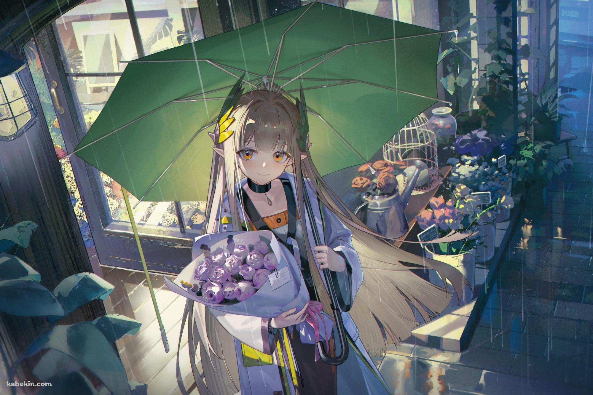 薔薇の花束を持ち緑の傘をさすミュルジス / アークナイツの壁紙(2000px x 1333px) 高画質 PC・デスクトップ用