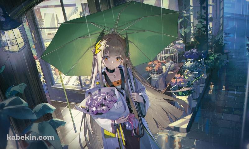 薔薇の花束を持ち緑の傘をさすミュルジス / アークナイツの壁紙(800px x 480px) 高画質 PC・デスクトップ用