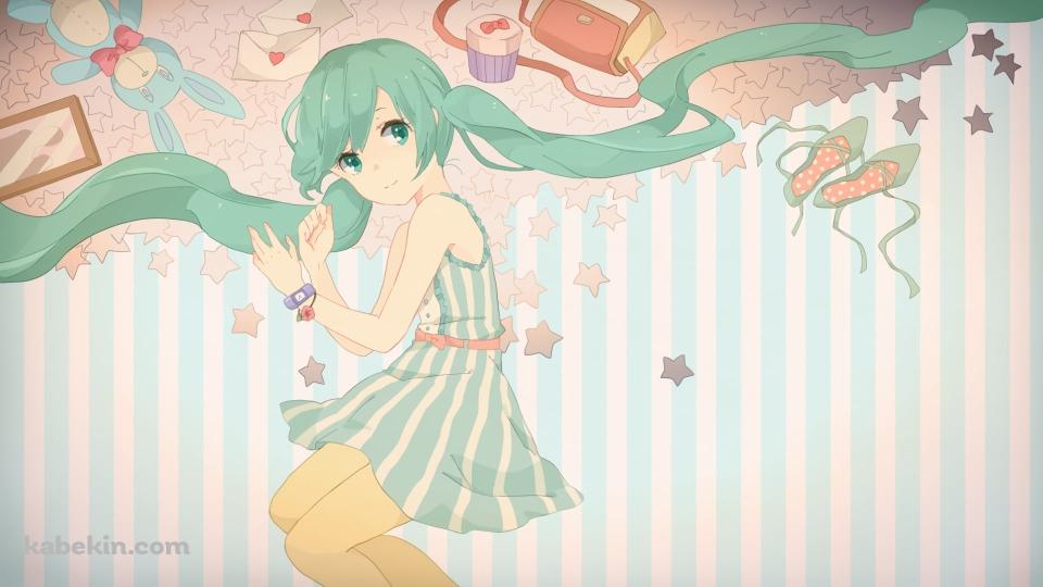 ポップなタッチで描かれている初音ミク / 便箋 / 兎のぬいぐるみ / 緑の靴 / 鏡 / ピンクのバッグ / ボカロの壁紙(960px x 540px) 高画質 PC・デスクトップ用
