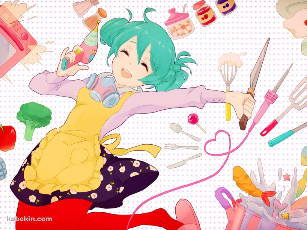 ジャンプする初音ミク / 料理 / ドーナツ / 牛乳 / ブロッコリー / ジャム / 電子レンジ / 包丁 / トンカチ / ボカロの壁紙(1024px x 768px) 高画質 PC・デスクトップ用