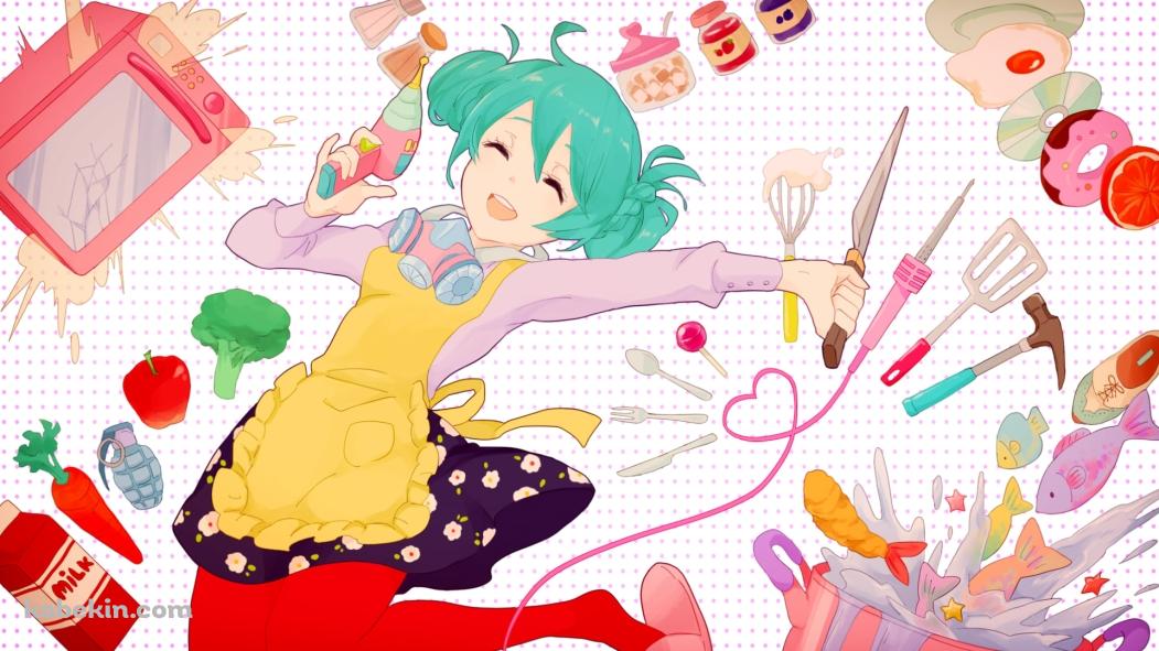 ジャンプする初音ミク / 料理 / ドーナツ / 牛乳 / ブロッコリー / ジャム / 電子レンジ / 包丁 / トンカチ / ボカロの壁紙(1051px x 591px) 高画質 PC・デスクトップ用