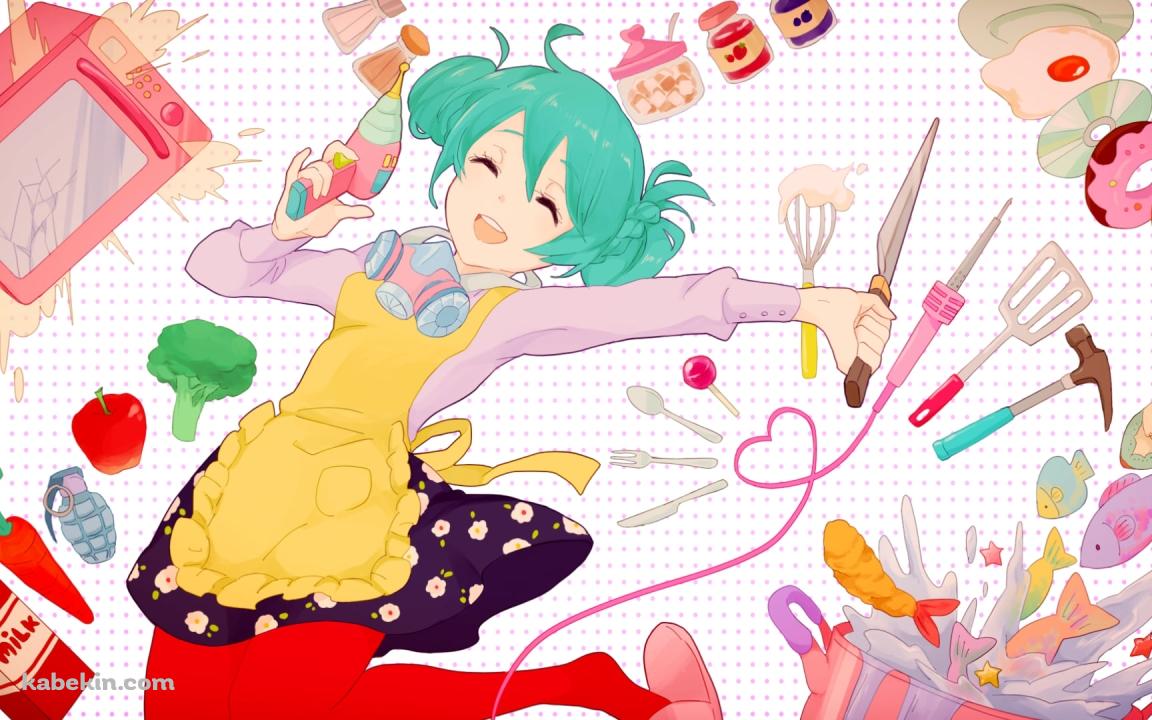 ジャンプする初音ミク / 料理 / ドーナツ / 牛乳 / ブロッコリー / ジャム / 電子レンジ / 包丁 / トンカチ / ボカロの壁紙(1152px x 720px) 高画質 PC・デスクトップ用