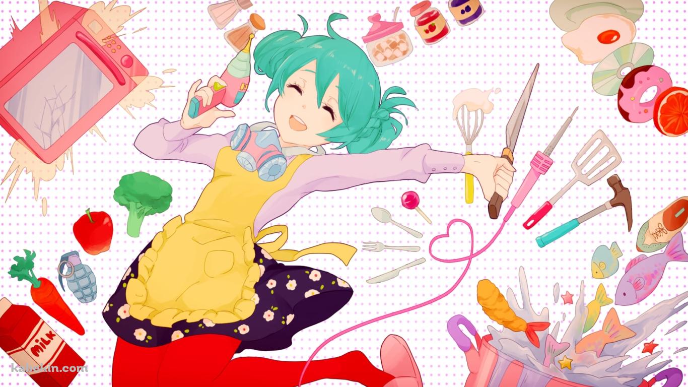 ジャンプする初音ミク / 料理 / ドーナツ / 牛乳 / ブロッコリー / ジャム / 電子レンジ / 包丁 / トンカチ / ボカロの壁紙(1366px x 768px) 高画質 PC・デスクトップ用
