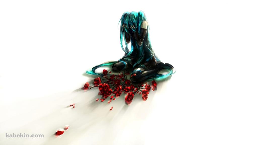 散乱した赤い薔薇と泣き崩れる初音ミク / ボカロの壁紙(1024px x 576px) 高画質 PC・デスクトップ用