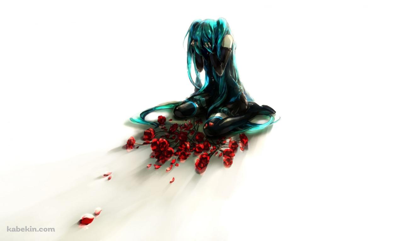 散乱した赤い薔薇と泣き崩れる初音ミク / ボカロの壁紙(1280px x 768px) 高画質 PC・デスクトップ用
