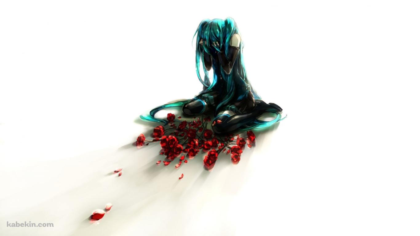 散乱した赤い薔薇と泣き崩れる初音ミク / ボカロの壁紙(1366px x 768px) 高画質 PC・デスクトップ用