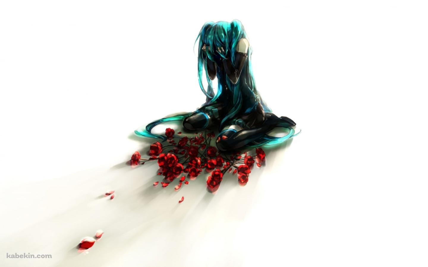 散乱した赤い薔薇と泣き崩れる初音ミク / ボカロの壁紙(1440px x 900px) 高画質 PC・デスクトップ用