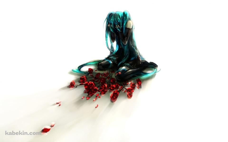 散乱した赤い薔薇と泣き崩れる初音ミク / ボカロの壁紙(960px x 600px) 高画質 PC・デスクトップ用