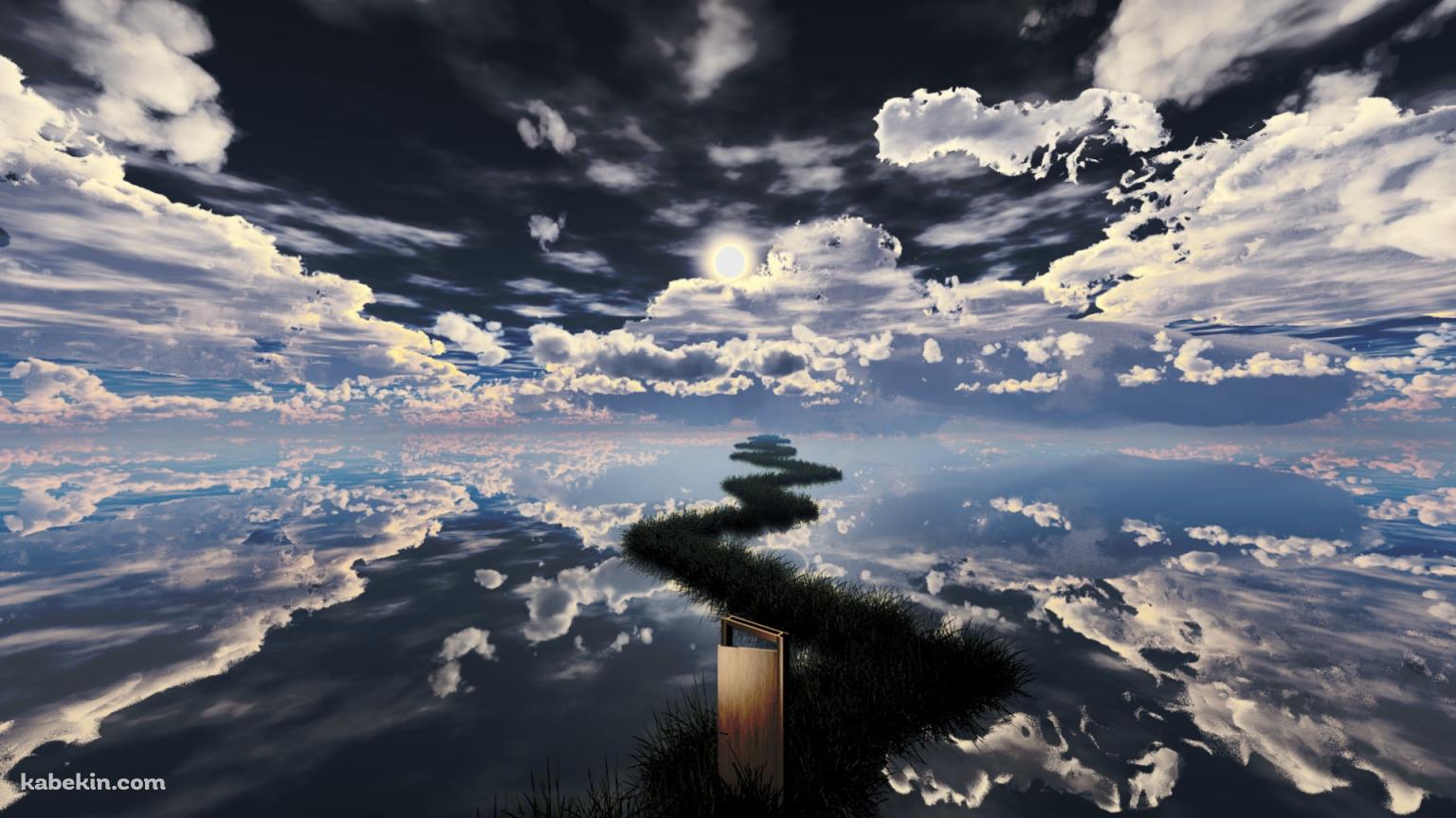 空が鏡面して映る水面 / 光る太陽 / 緑の道の壁紙(1536px x 864px) 高画質 PC・デスクトップ用