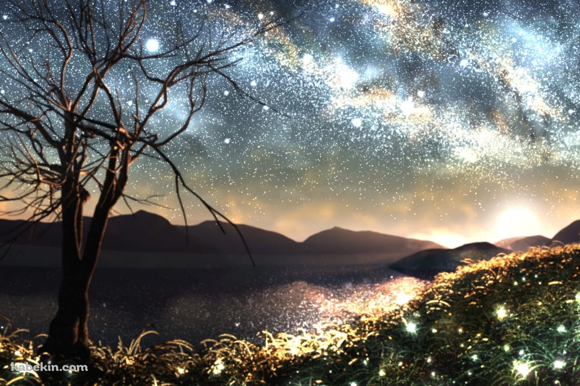 枯れ木越しに見える川と山と光る星空の壁紙(1152px x 768px) 高画質 PC・デスクトップ用