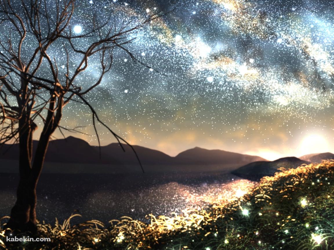 枯れ木越しに見える川と山と光る星空の壁紙(1152px x 864px) 高画質 PC・デスクトップ用