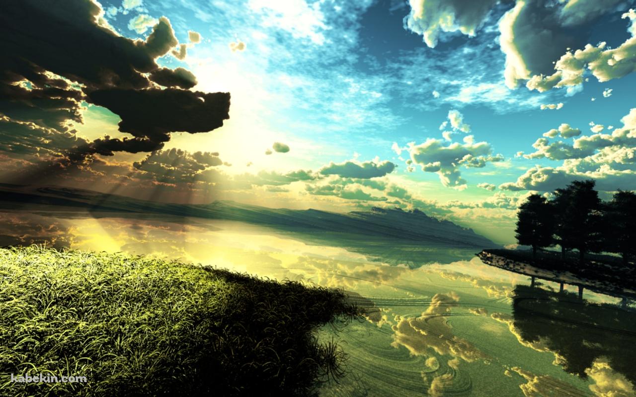 緑がかった草原と川と青空 / 絶景の壁紙(1280px x 800px) 高画質 PC・デスクトップ用