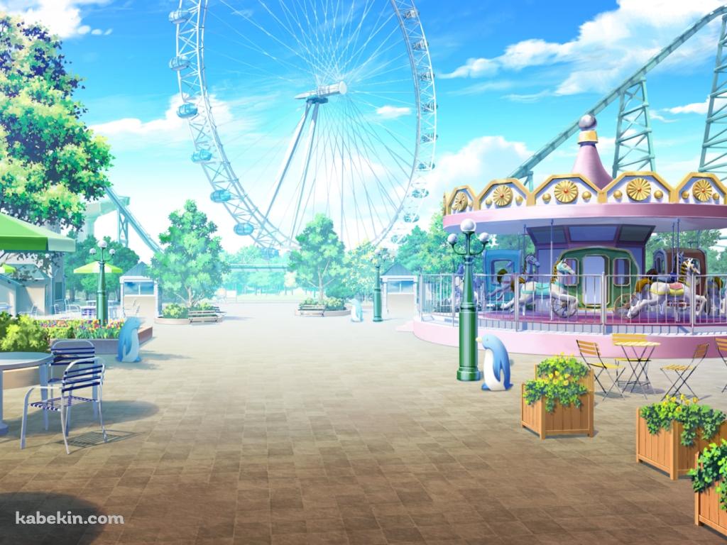 閑散とした遊園地 / 観覧車 / メリーゴーランド / ジェットコースターの壁紙(1024px x 768px) 高画質 PC・デスクトップ用