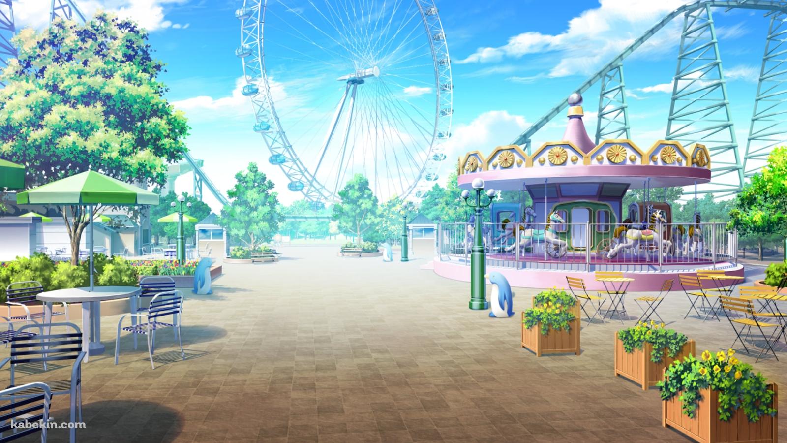 閑散とした遊園地 / 観覧車 / メリーゴーランド / ジェットコースターの壁紙(1600px x 900px) 高画質 PC・デスクトップ用