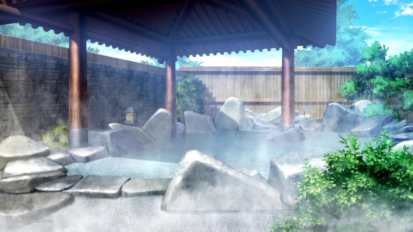 岩で囲まれた湯気立つ温泉の壁紙(1366px x 768px) 高画質 PC・デスクトップ用