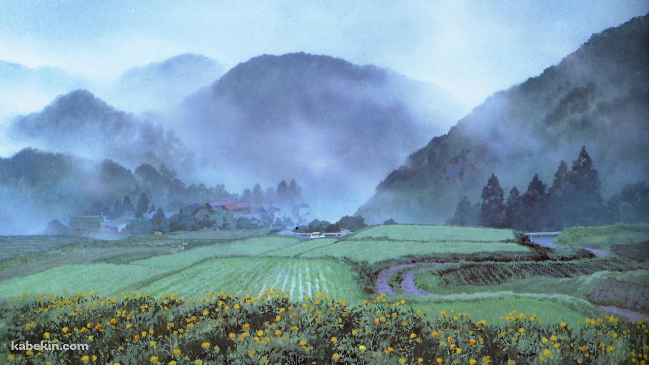 菜の花と田んぼと霧が立ち込める山 / 田園風景の壁紙(1280px x 720px) 高画質 PC・デスクトップ用
