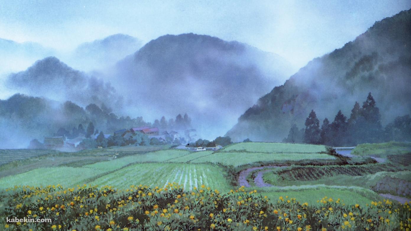 菜の花と田んぼと霧が立ち込める山 / 田園風景の壁紙(1391px x 783px) 高画質 PC・デスクトップ用
