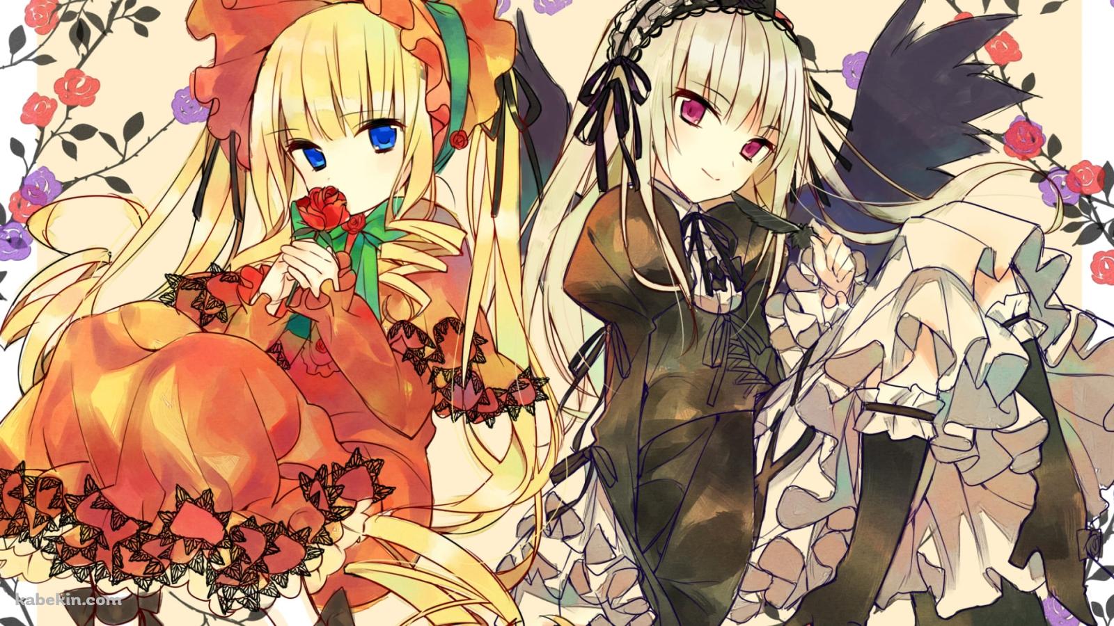 並んで座る水銀燈・真紅 / 赤い薔薇 / ローゼンメイデンの壁紙(1600px x 900px) 高画質 PC・デスクトップ用