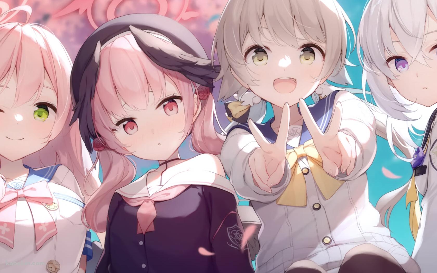 並んで写真を撮る下江コハルと浦和ハナコと阿慈谷ヒフミと白洲アズサ / ブルアカの壁紙(1680px x 1050px) 高画質 PC・デスクトップ用