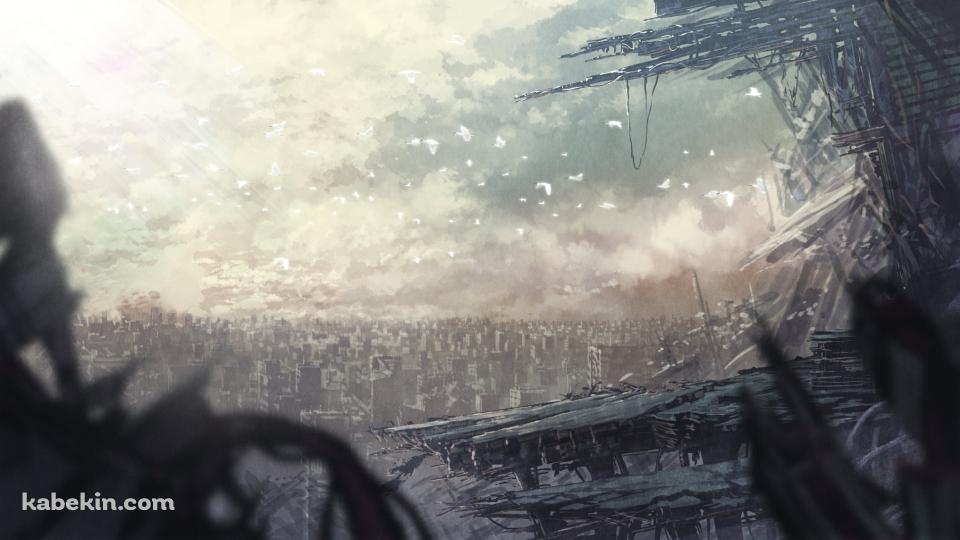 白い鳩の群れとボロボロのビル群の壁紙(960px x 540px) 高画質 PC・デスクトップ用