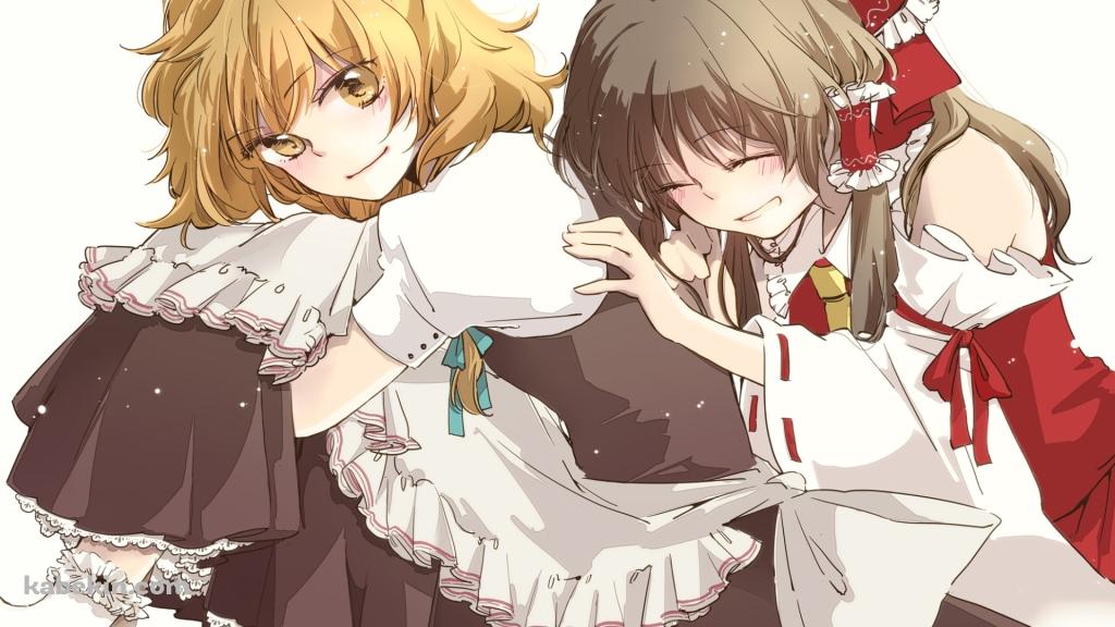 体育座りをする霧雨魔理沙と背中にもたれる博麗霊夢 / 東方の壁紙(1024px x 576px) 高画質 PC・デスクトップ用