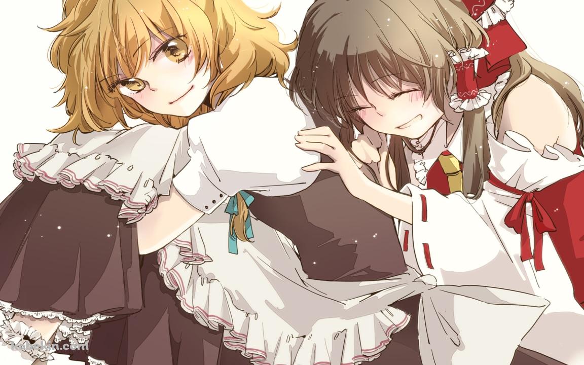 体育座りをする霧雨魔理沙と背中にもたれる博麗霊夢 / 東方の壁紙(1152px x 720px) 高画質 PC・デスクトップ用