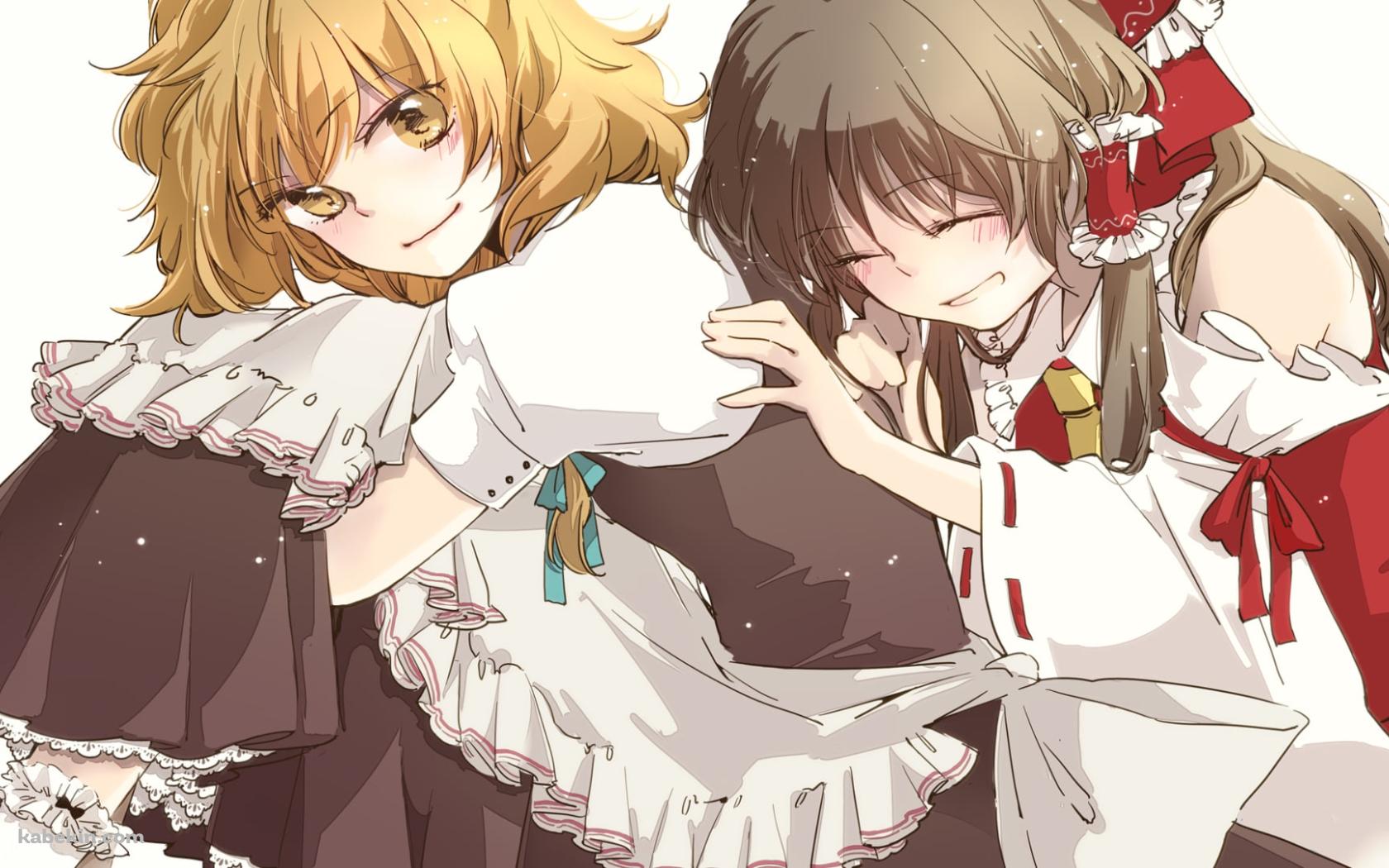 体育座りをする霧雨魔理沙と背中にもたれる博麗霊夢 / 東方の壁紙(1680px x 1050px) 高画質 PC・デスクトップ用
